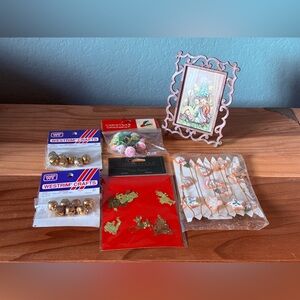 VTG Christmas Mini set: wood frame, metal flat ornaments, wooden angels, bells